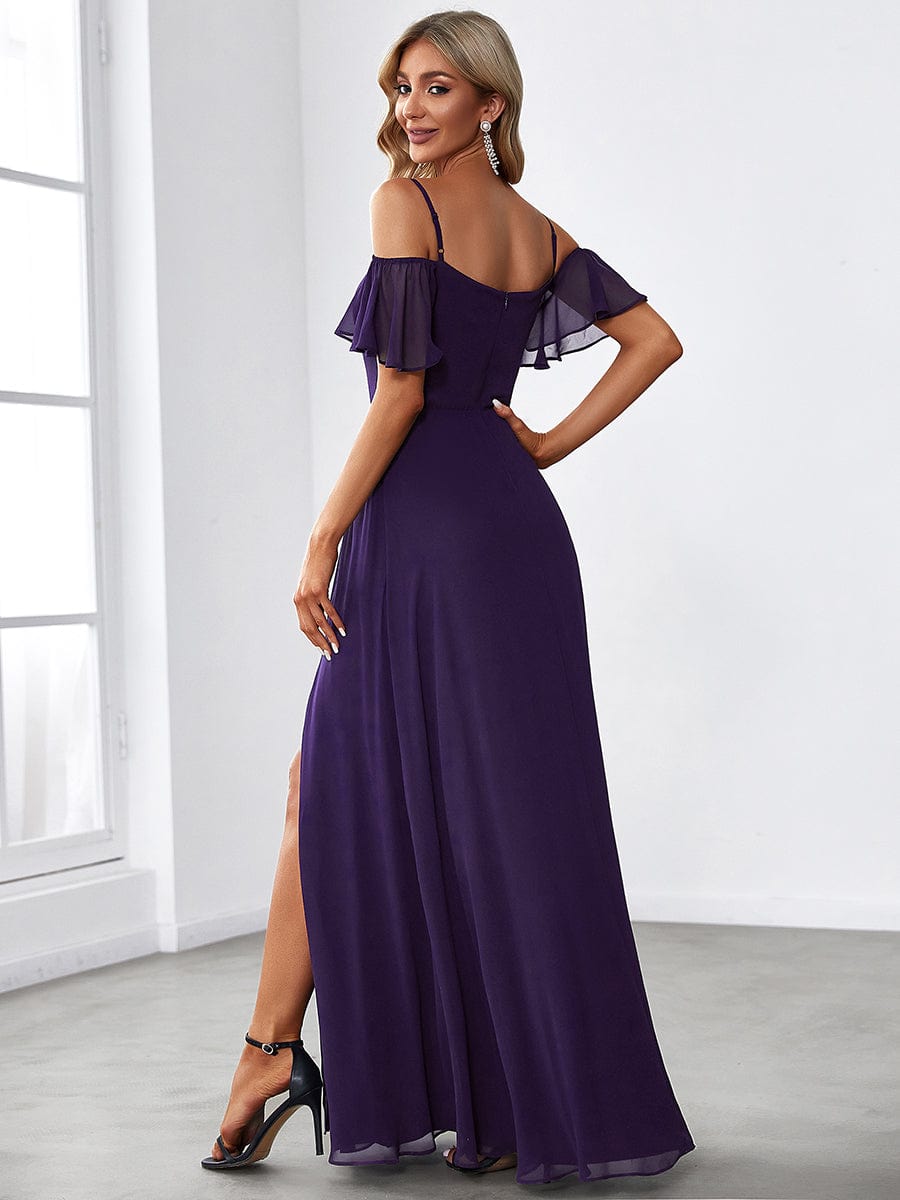 Stylish Cold-Shoulder Floor Length Bridesmaid Dress with Side Slit #color_Dark Purple