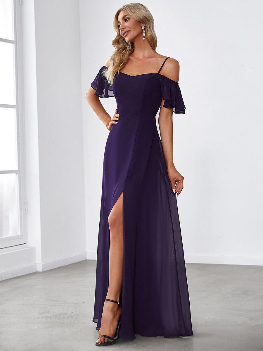 Stylish Cold-Shoulder Floor Length Bridesmaid Dress with Side Slit #color_Dark Purple