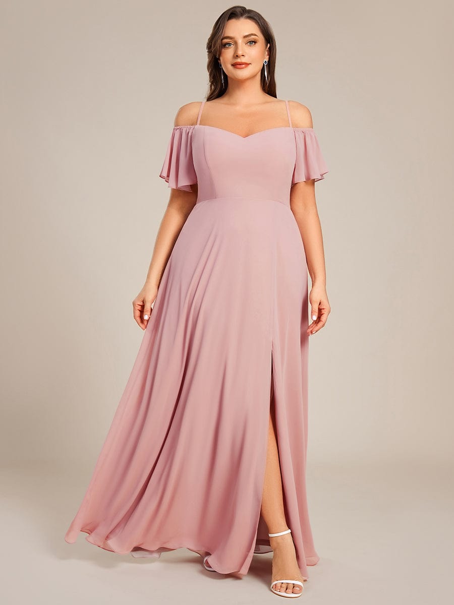 Stylish Cold-Shoulder Floor Length Bridesmaid Dress with Side Slit #color_Dusty Rose