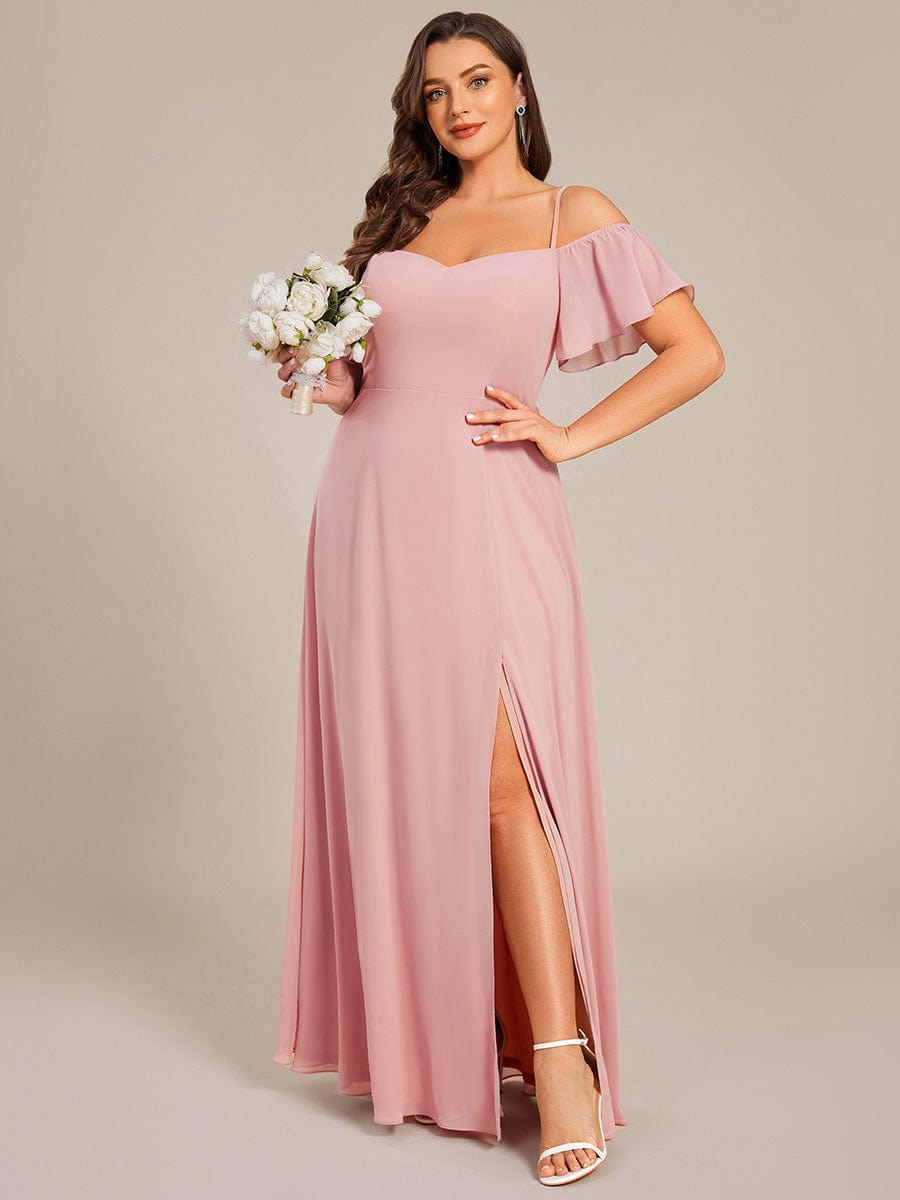 Stylish Cold-Shoulder Floor Length Bridesmaid Dress with Side Slit #color_Dusty Rose