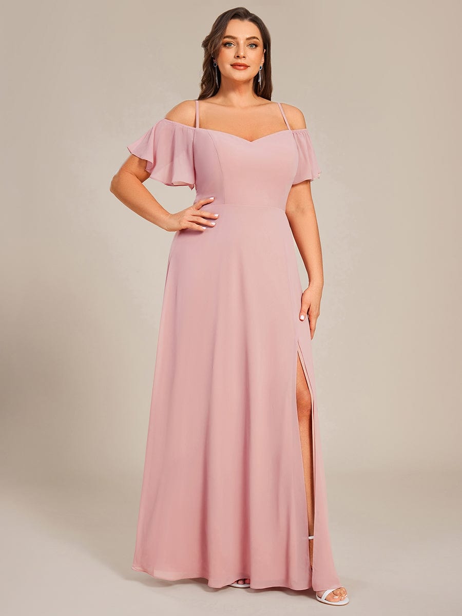 Stylish Cold-Shoulder Floor Length Bridesmaid Dress with Side Slit #color_Dusty Rose