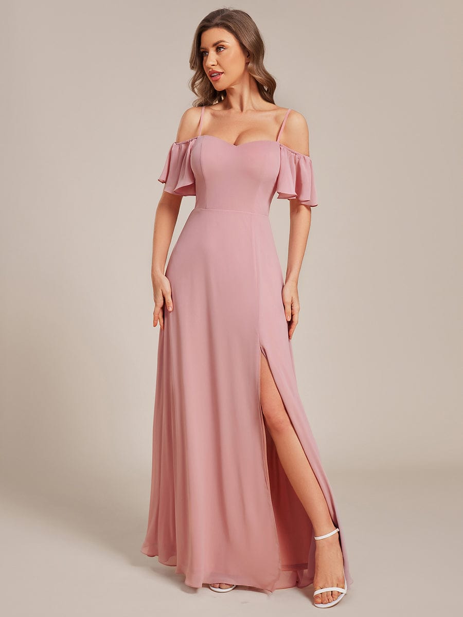 Stylish Cold-Shoulder Floor Length Bridesmaid Dress with Side Slit #color_Dusty Rose