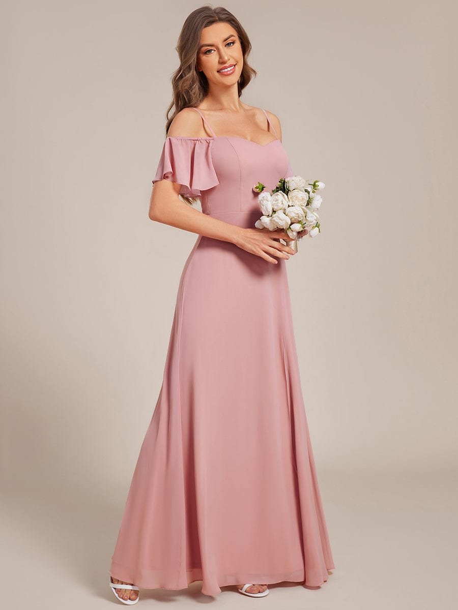 Stylish Cold-Shoulder Floor Length Bridesmaid Dress with Side Slit #color_Dusty Rose