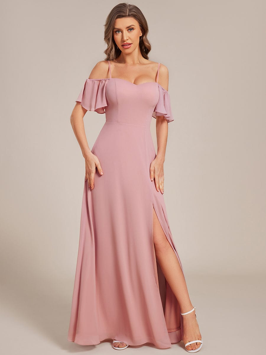 Stylish Cold-Shoulder Floor Length Bridesmaid Dress with Side Slit #color_Dusty Rose