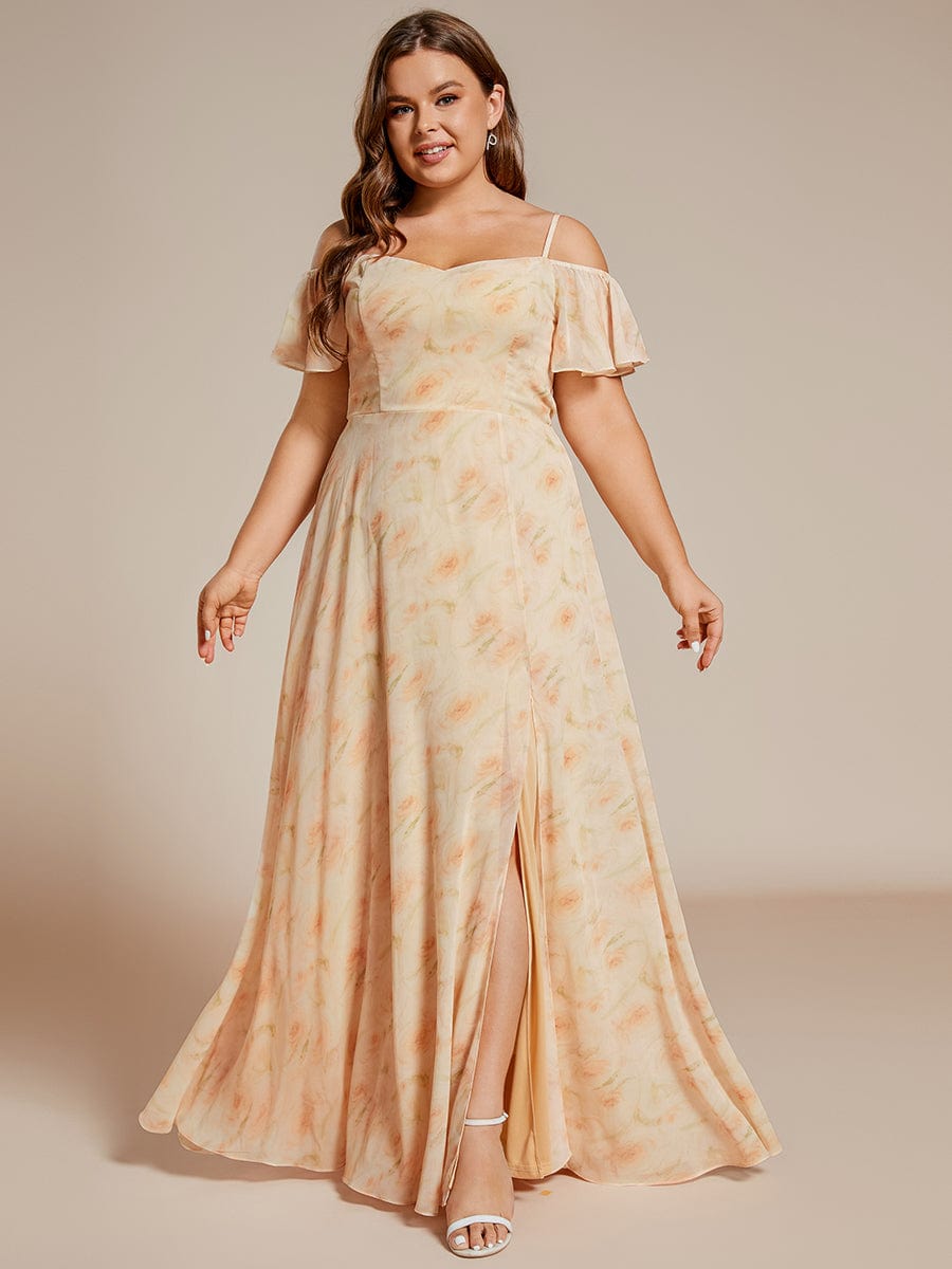 Plus-Size Cold-Shoulder V-neck Evening Dress with Side Slit #color_Golden Roses