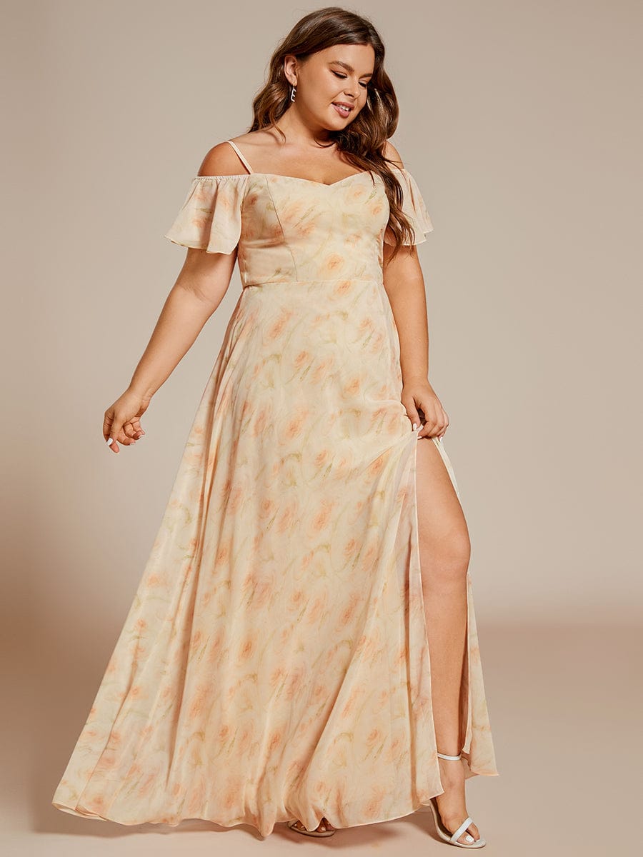 Plus-Size Cold-Shoulder V-neck Evening Dress with Side Slit #color_Golden Roses