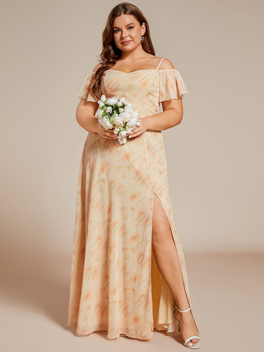 Plus-Size Cold-Shoulder V-neck Evening Dress with Side Slit #color_Golden Roses