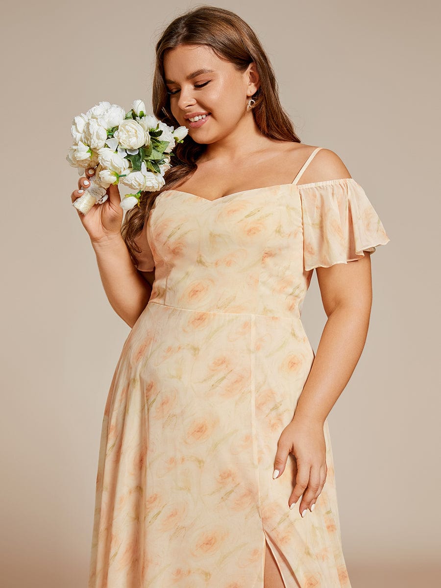 Plus-Size Cold-Shoulder V-neck Evening Dress with Side Slit #color_Golden Roses