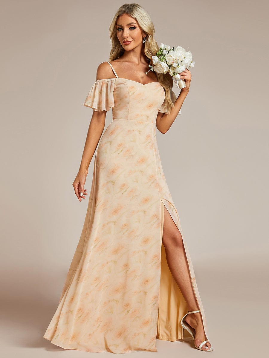 Stylish Cold-Shoulder Floor Length Bridesmaid Dress with Side Slit #color_Golden Roses