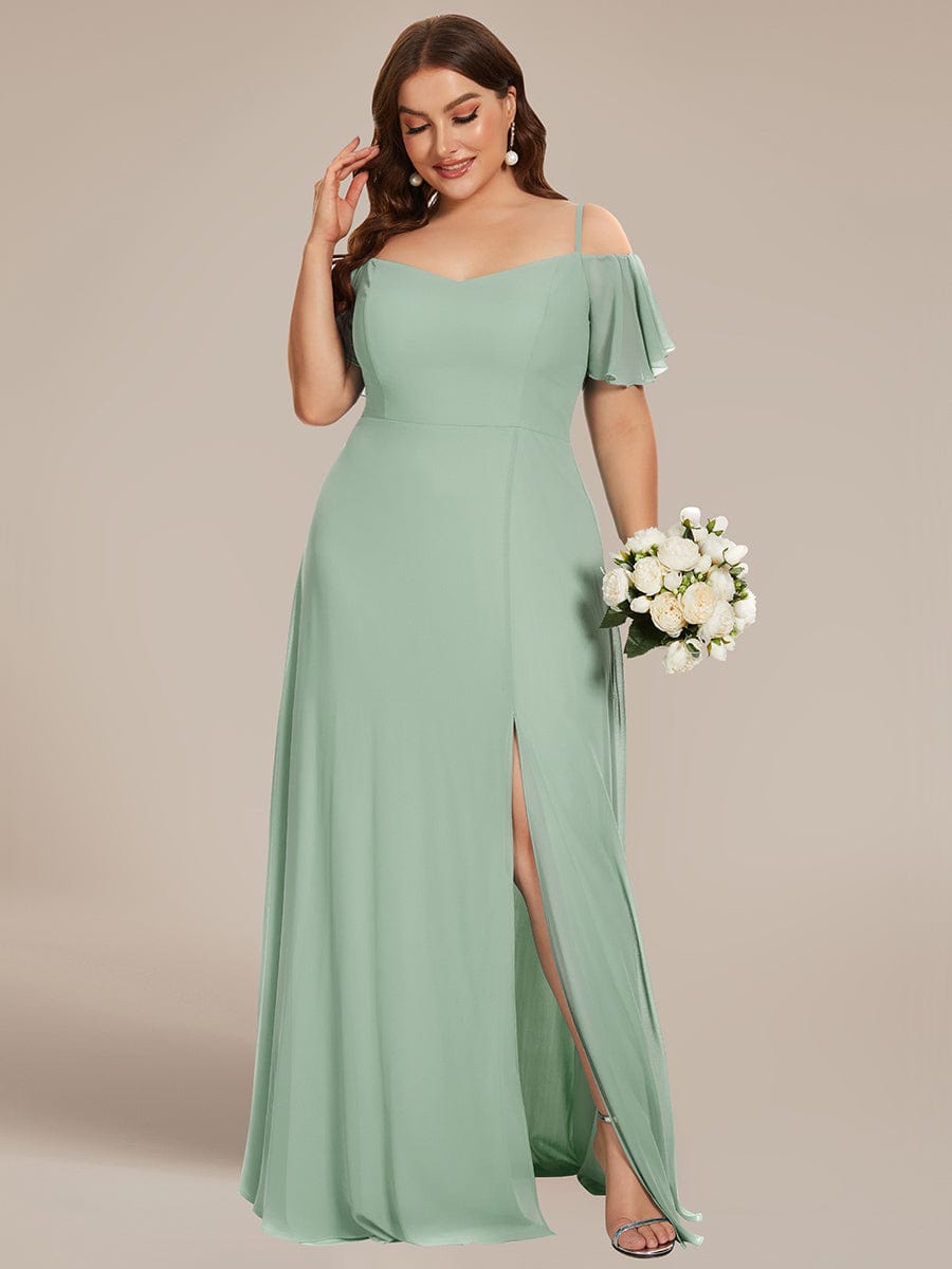 Stylish Cold-Shoulder Floor Length Bridesmaid Dress with Side Slit #color_Mint Green