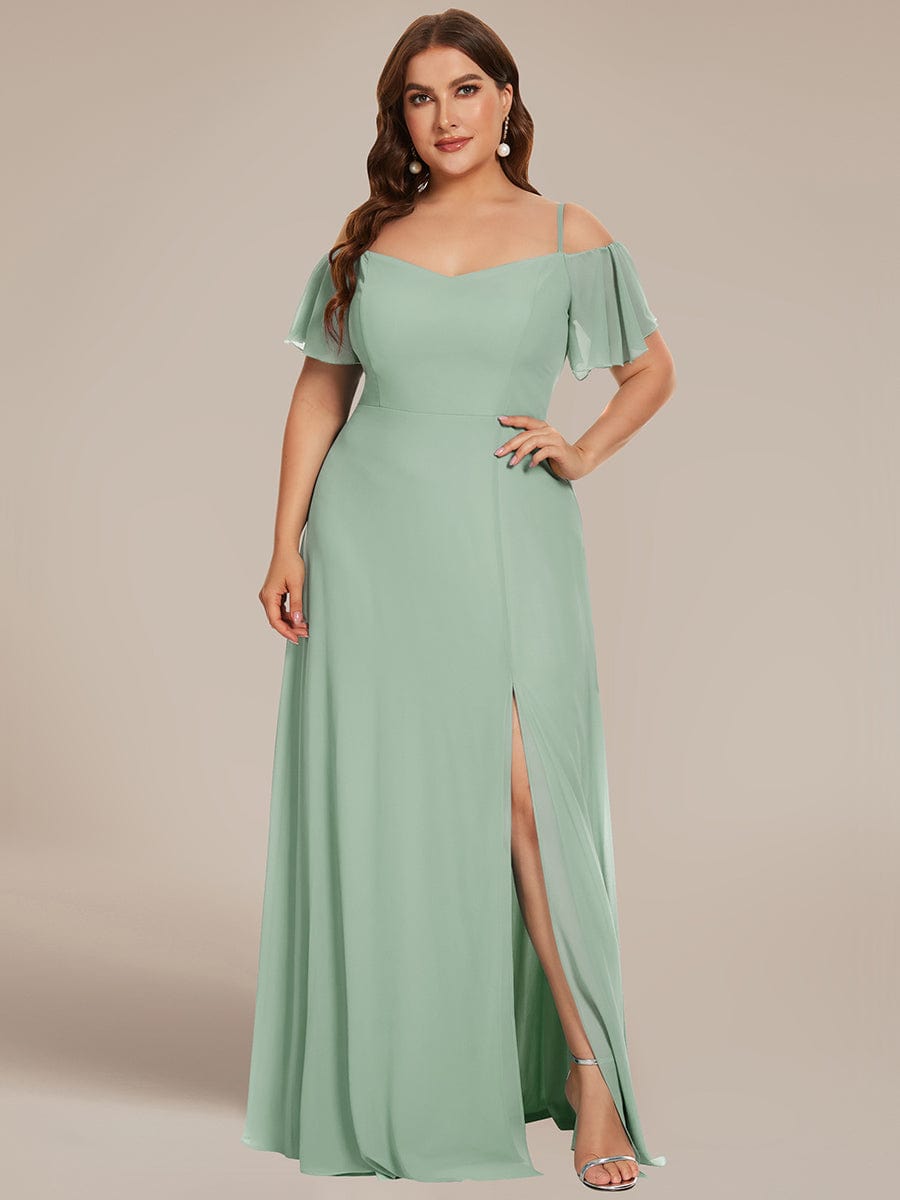 Plus-Size Cold-Shoulder V-neck Evening Dress with Side Slit #color_Mint Green