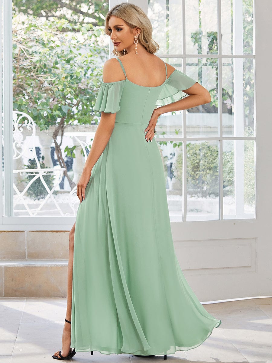 Stylish Cold-Shoulder Floor Length Bridesmaid Dress with Side Slit #color_Mint Green