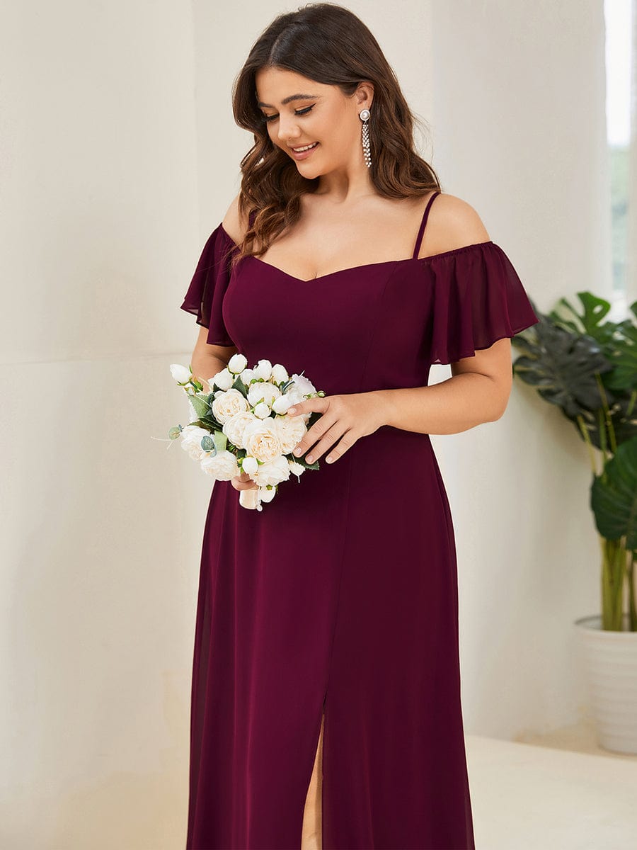 Plus-Size Cold-Shoulder V-neck Evening Dress with Side Slit #color_Mulberry