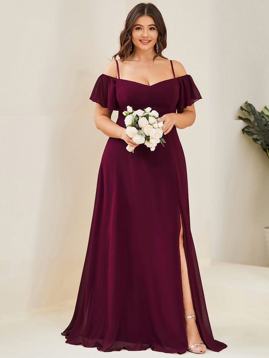 Plus-Size Cold-Shoulder V-neck Evening Dress with Side Slit #color_Mulberry