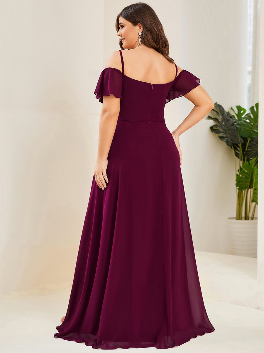 Plus-Size Cold-Shoulder V-neck Evening Dress with Side Slit #color_Mulberry