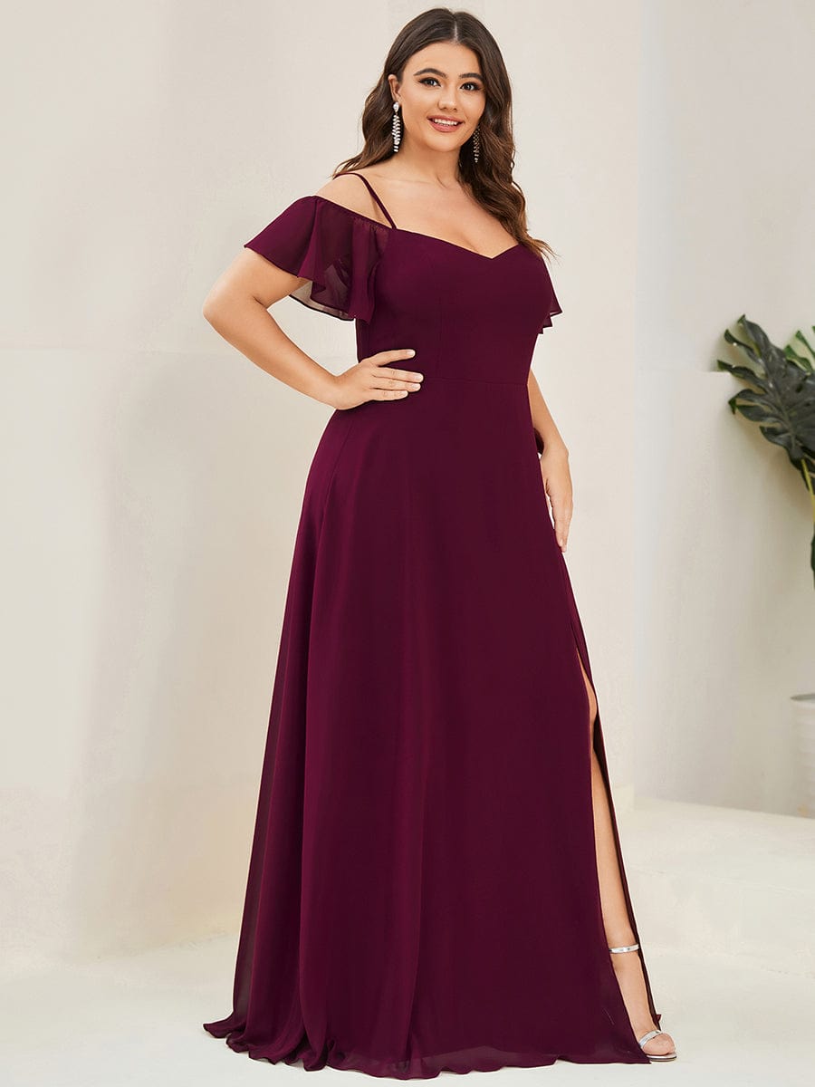 Plus-Size Cold-Shoulder V-neck Evening Dress with Side Slit #color_Mulberry