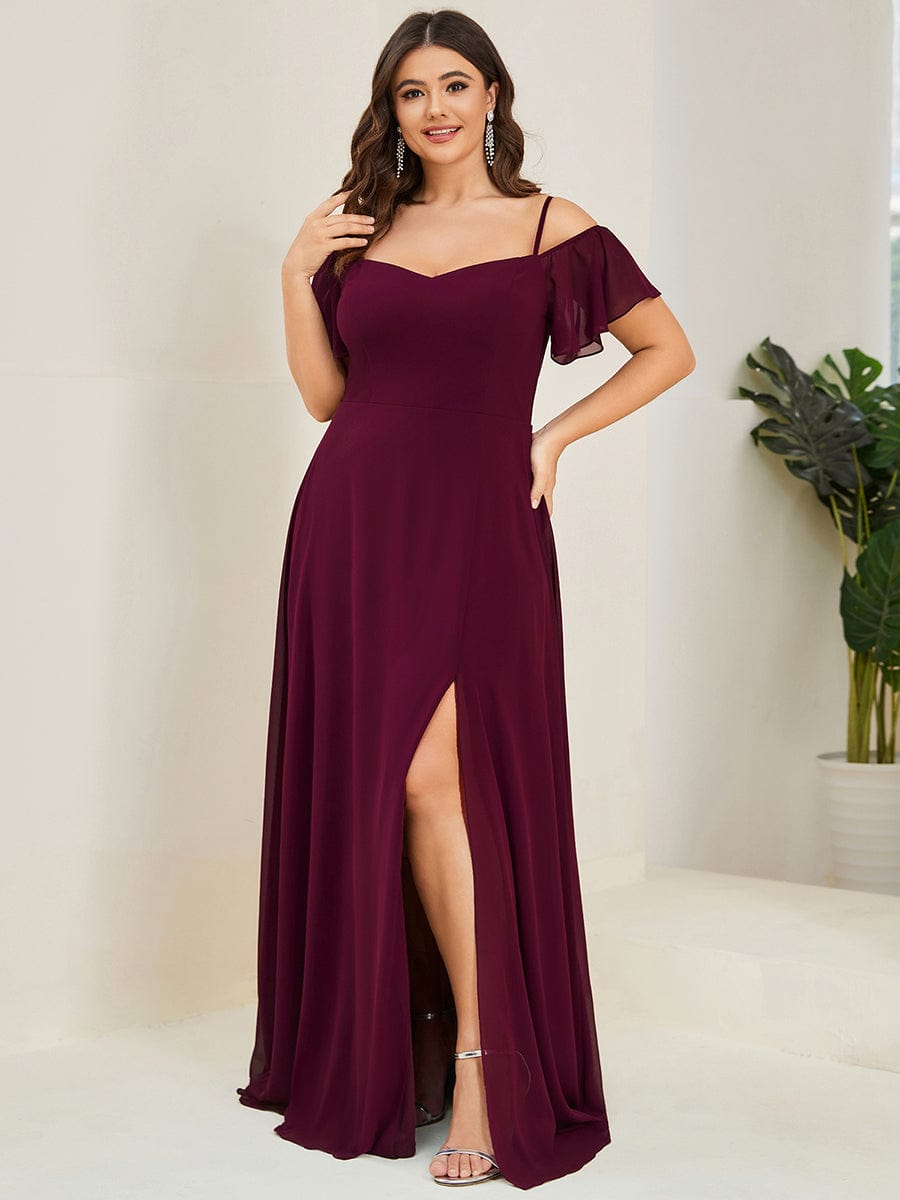 Plus-Size Cold-Shoulder V-neck Evening Dress with Side Slit #color_Mulberry