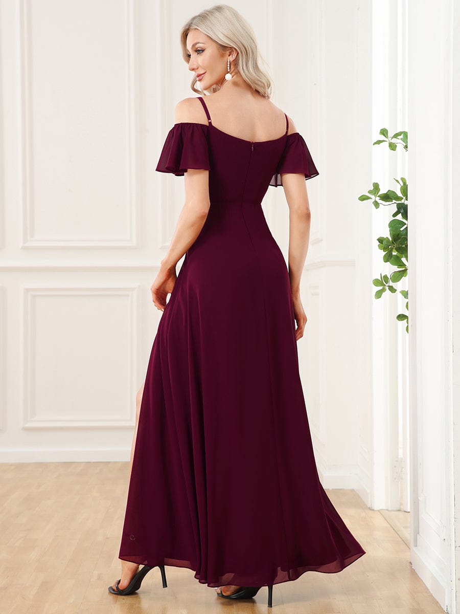 Stylish Cold-Shoulder Floor Length Bridesmaid Dress with Side Slit #color_Mulberry