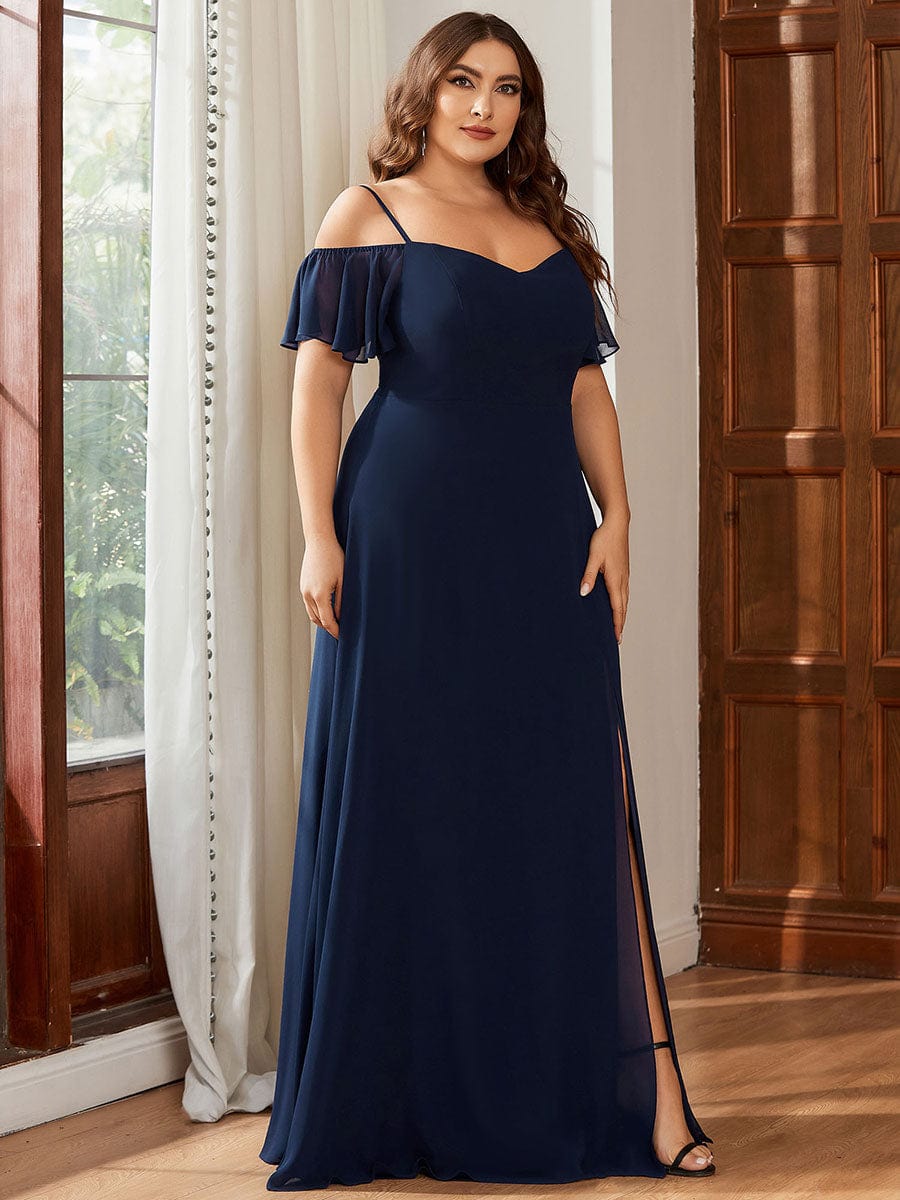 Plus-Size Cold-Shoulder V-neck Evening Dress with Side Slit #color_Navy Blue