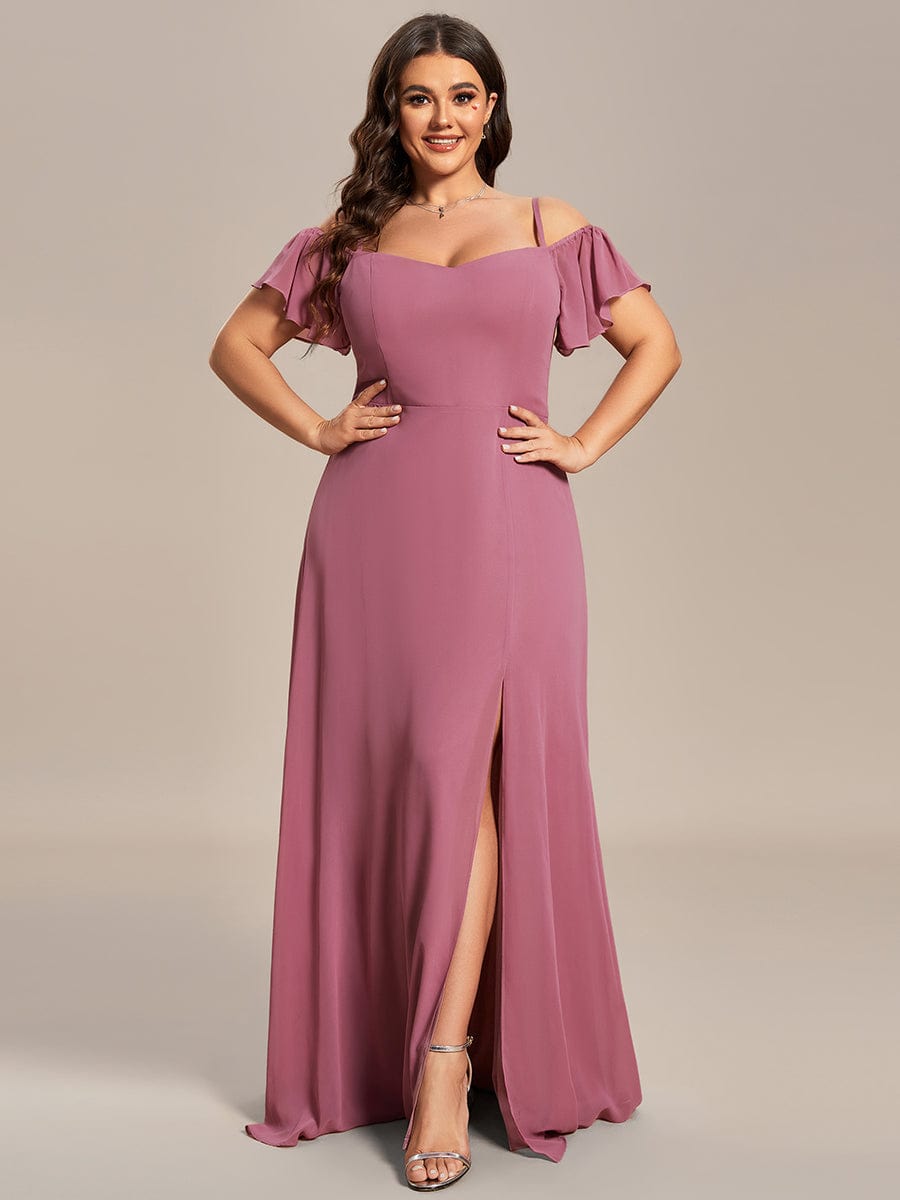 Stylish Cold-Shoulder Floor Length Bridesmaid Dress with Side Slit #color_Purple Orchid