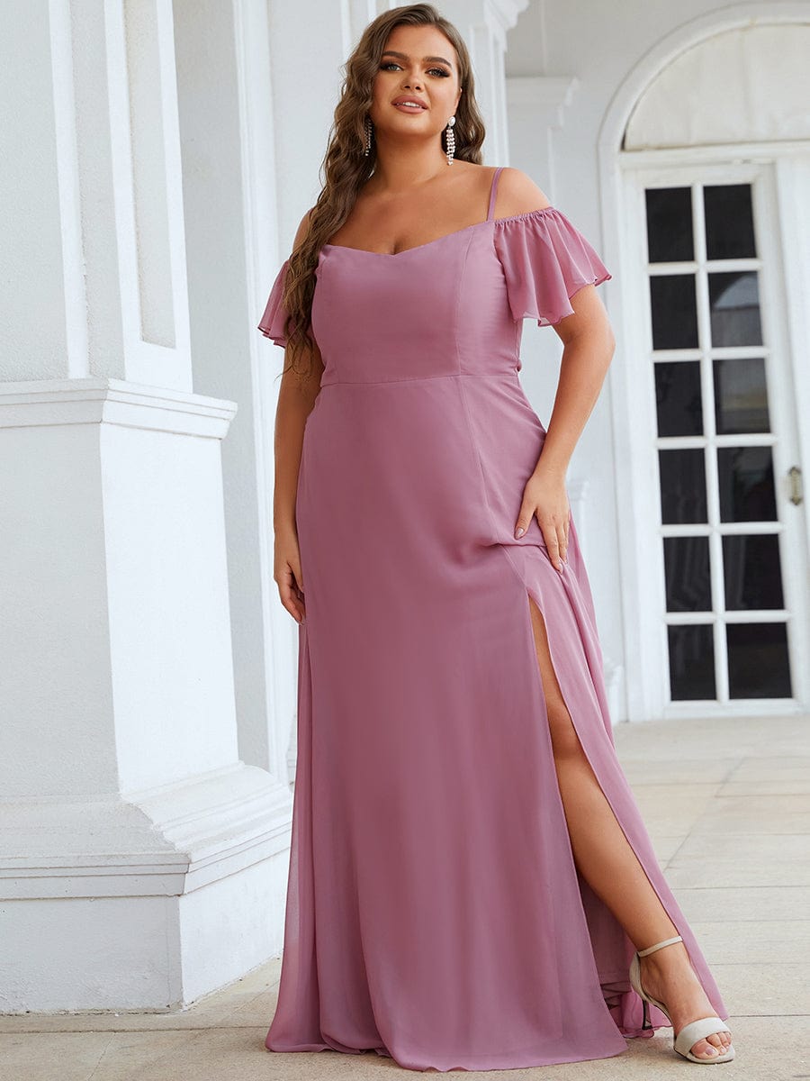 Plus-Size Cold-Shoulder V-neck Evening Dress with Side Slit #color_Purple Orchid