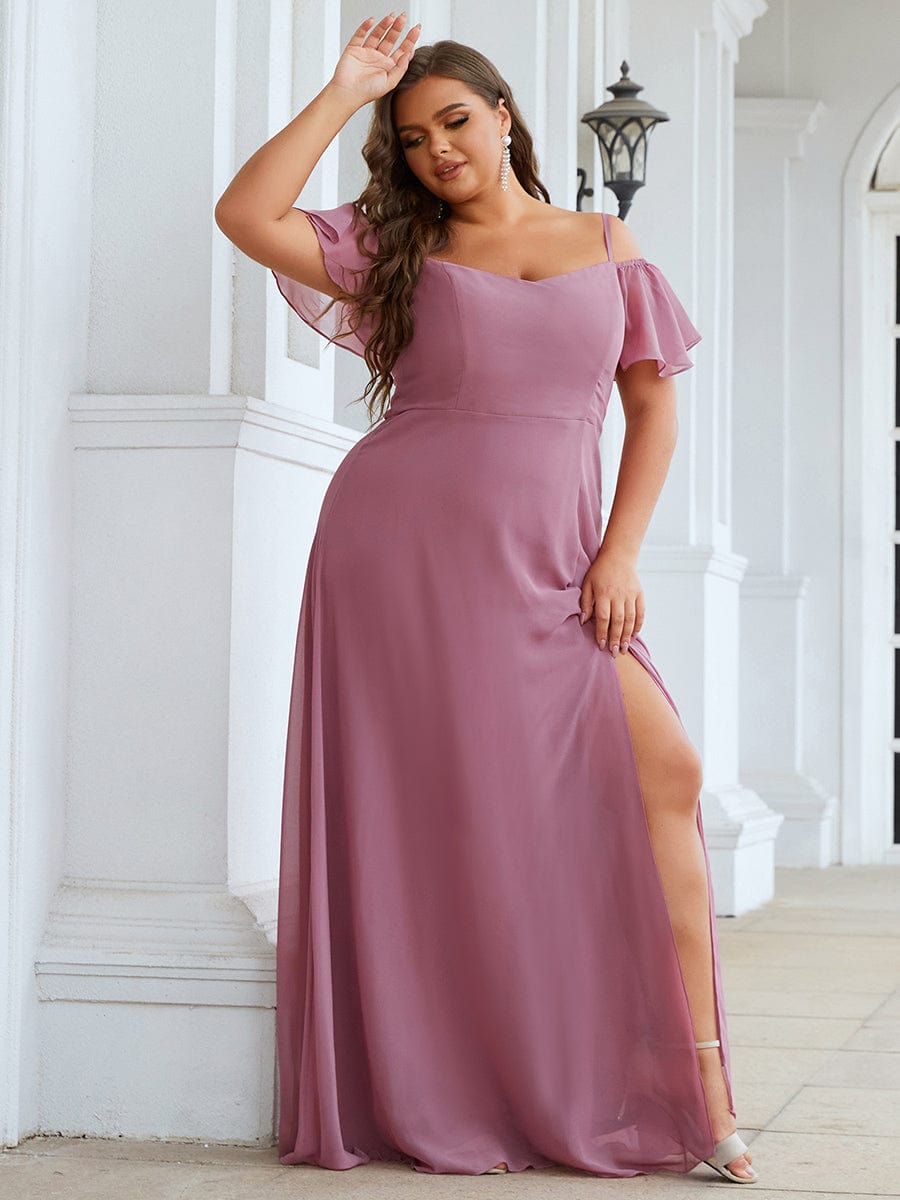 Plus-Size Cold-Shoulder V-neck Evening Dress with Side Slit #color_Purple Orchid