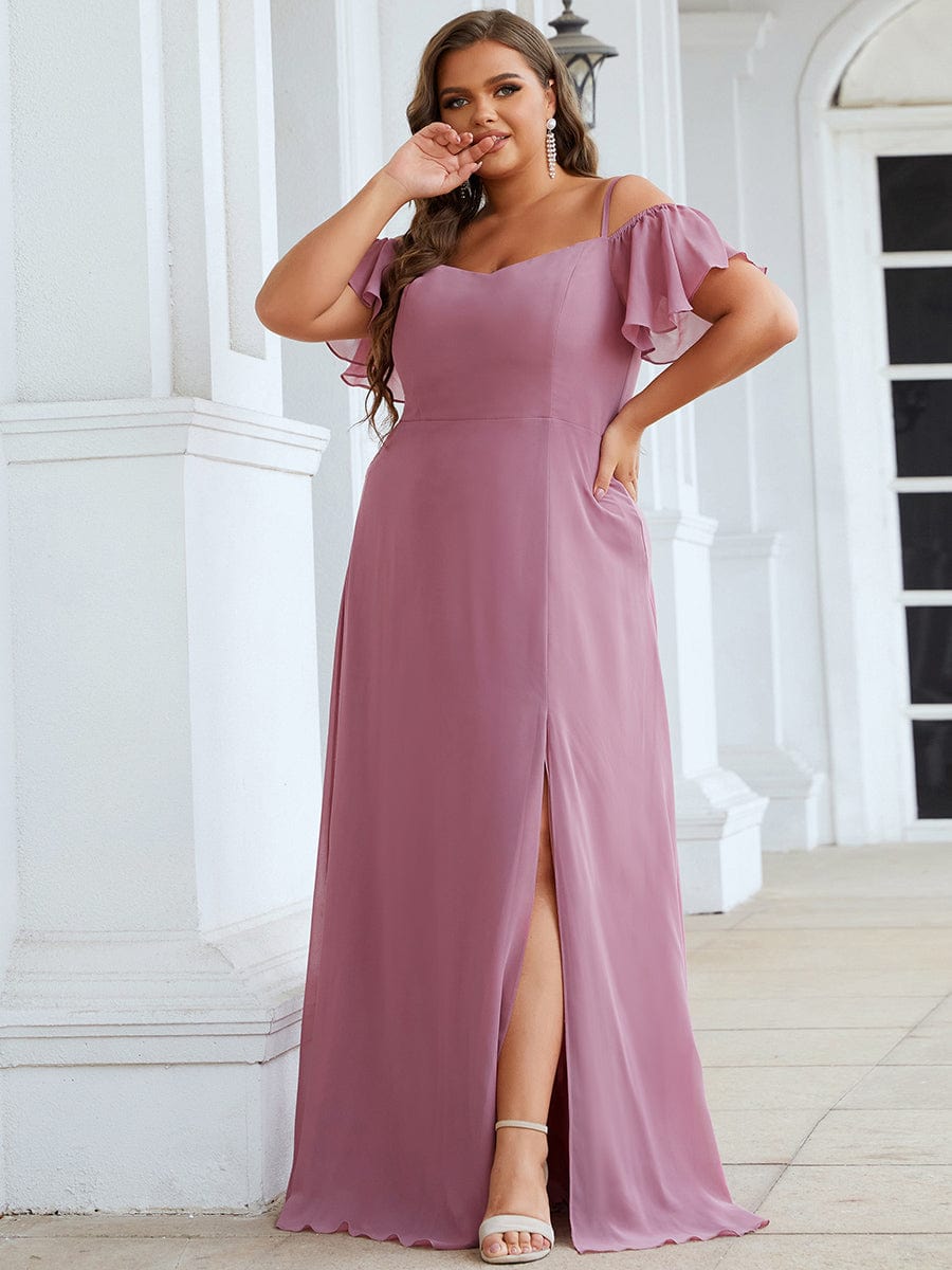 Plus-Size Cold-Shoulder V-neck Evening Dress with Side Slit #color_Purple Orchid