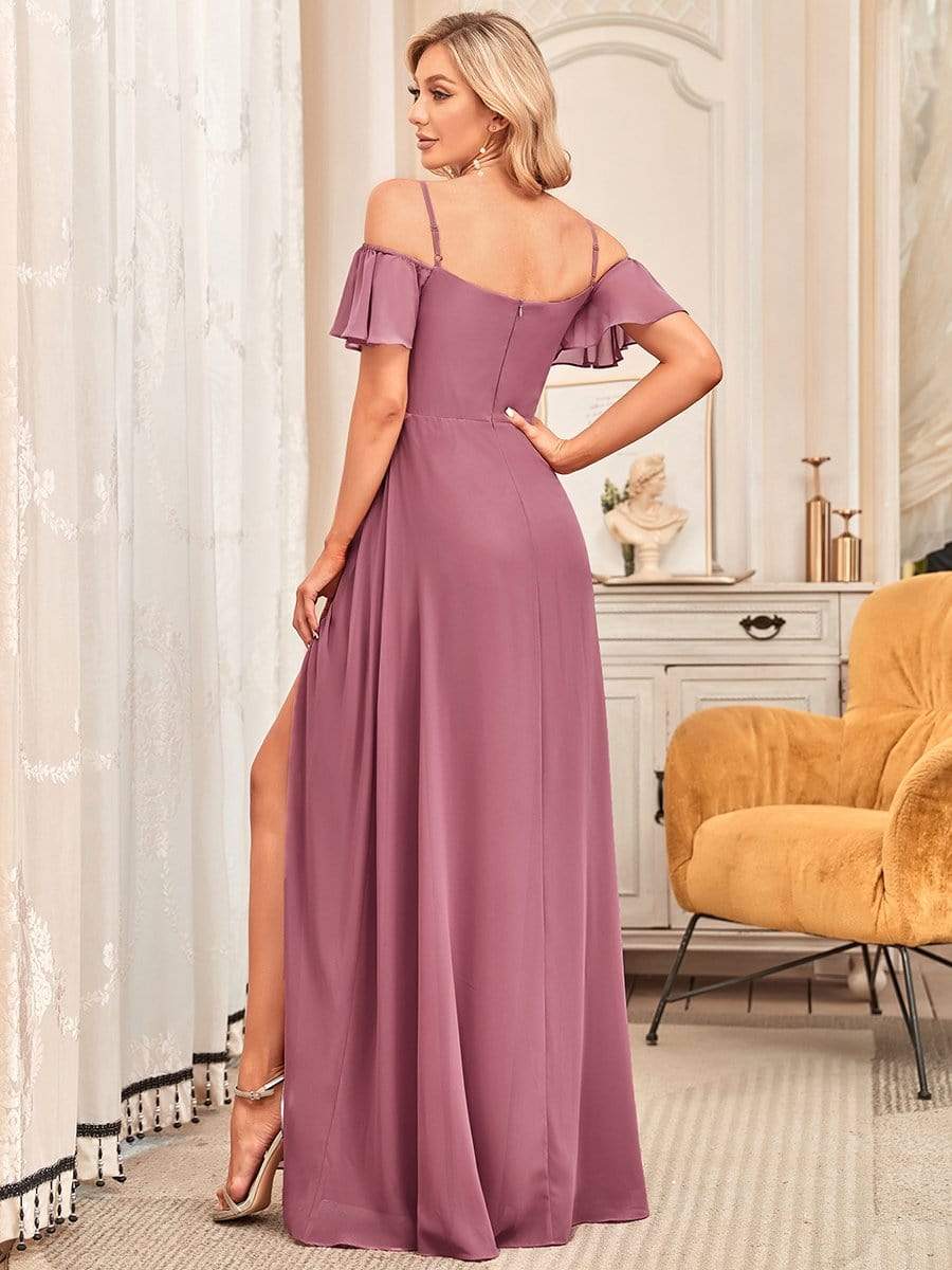 Stylish Cold-Shoulder Floor Length Bridesmaid Dress with Side Slit #color_Purple Orchid