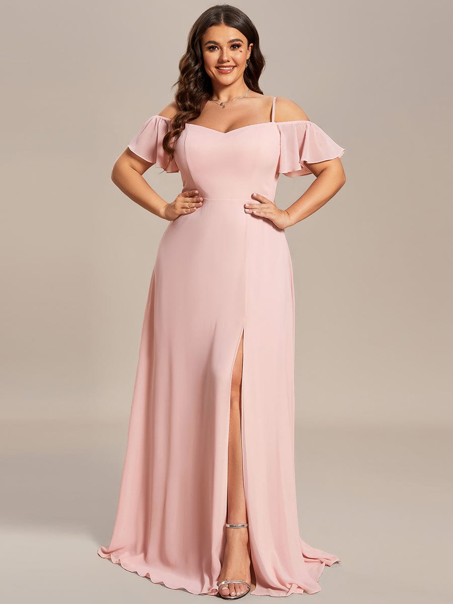 Stylish Cold-Shoulder Floor Length Bridesmaid Dress with Side Slit #color_Pink