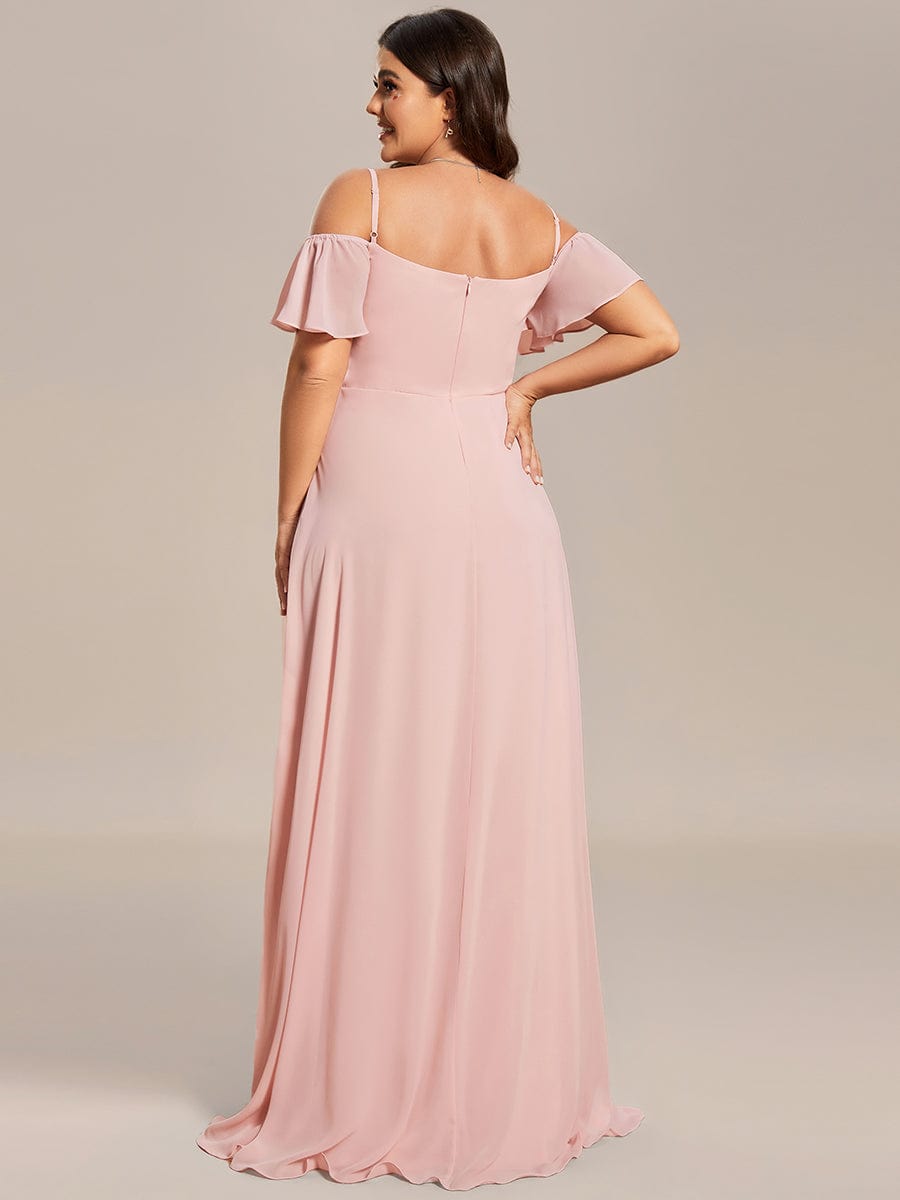 Stylish Cold-Shoulder Floor Length Bridesmaid Dress with Side Slit #color_Pink