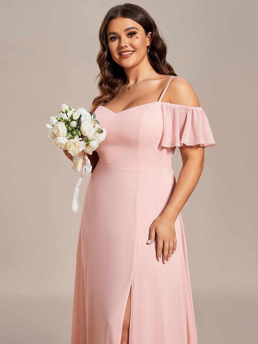 Stylish Cold-Shoulder Floor Length Bridesmaid Dress with Side Slit #color_Pink