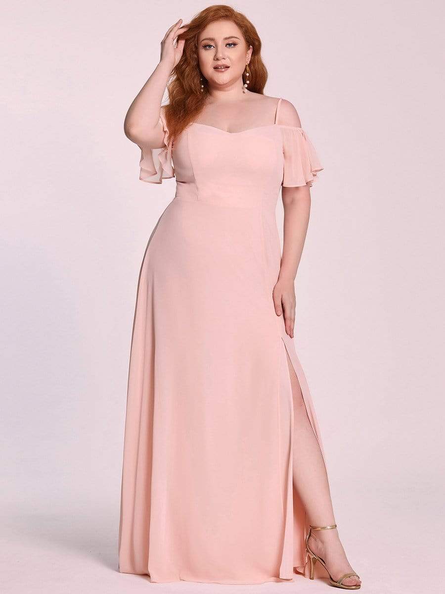 Plus-Size Cold-Shoulder V-neck Evening Dress with Side Slit #color_Pink