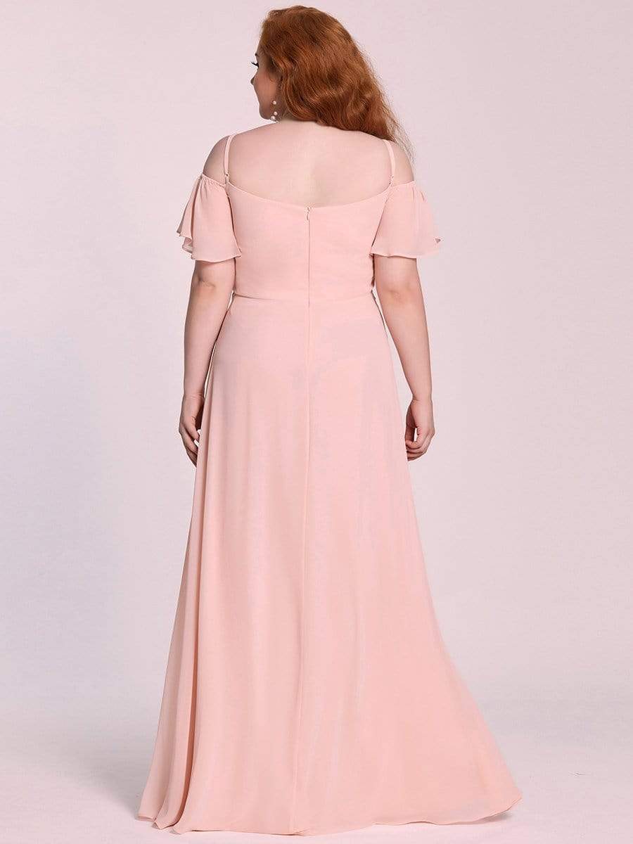 Plus-Size Cold-Shoulder V-neck Evening Dress with Side Slit #color_Pink