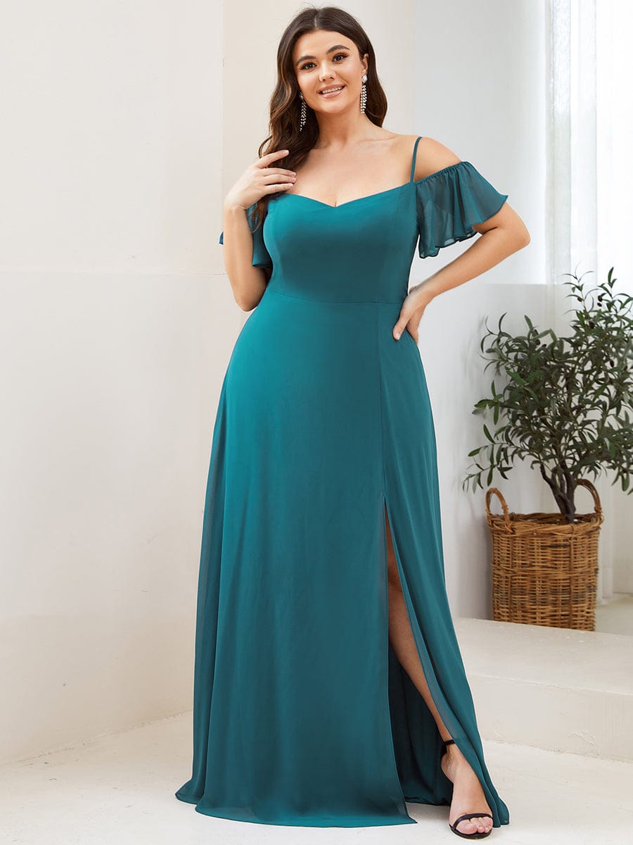 Stylish Cold-Shoulder Floor Length Bridesmaid Dress with Side Slit #color_Teal