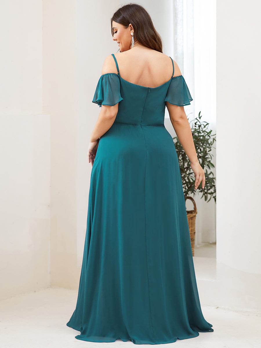 Stylish Cold-Shoulder Floor Length Bridesmaid Dress with Side Slit #color_Teal