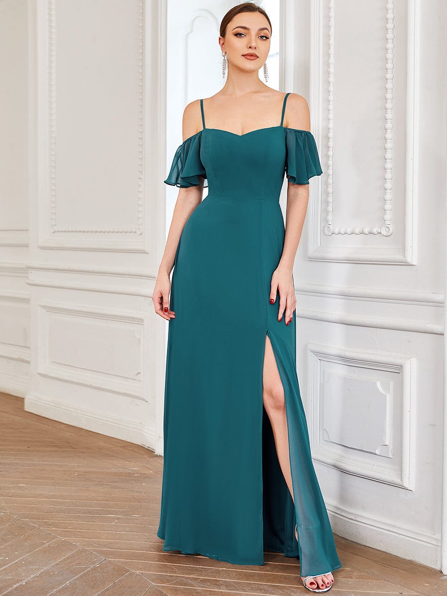 Stylish Cold-Shoulder Floor Length Bridesmaid Dress with Side Slit #color_Teal