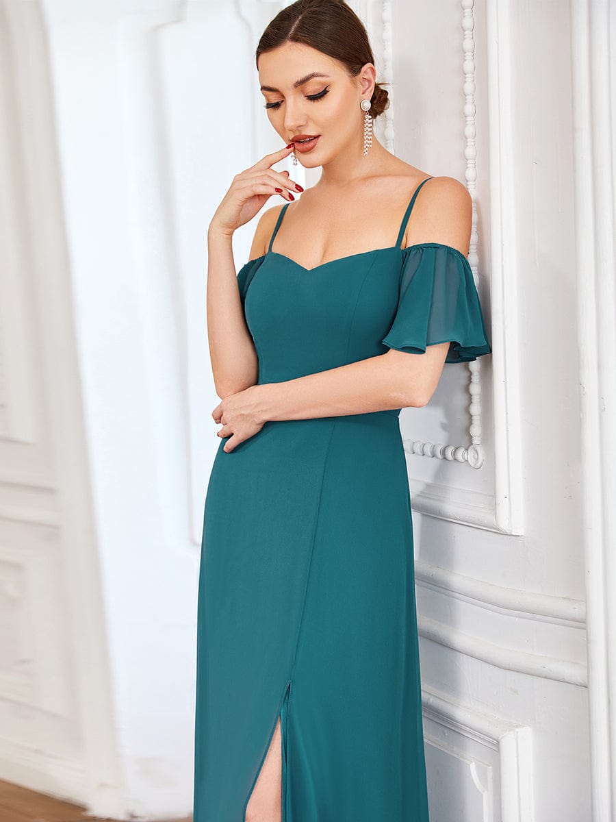 Stylish Cold-Shoulder Floor Length Bridesmaid Dress with Side Slit #color_Teal