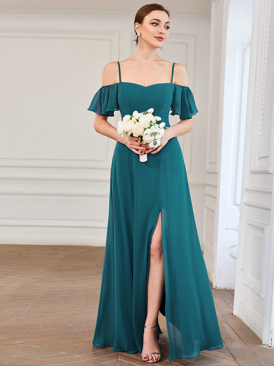 Stylish Cold-Shoulder Floor Length Bridesmaid Dress with Side Slit #color_Teal