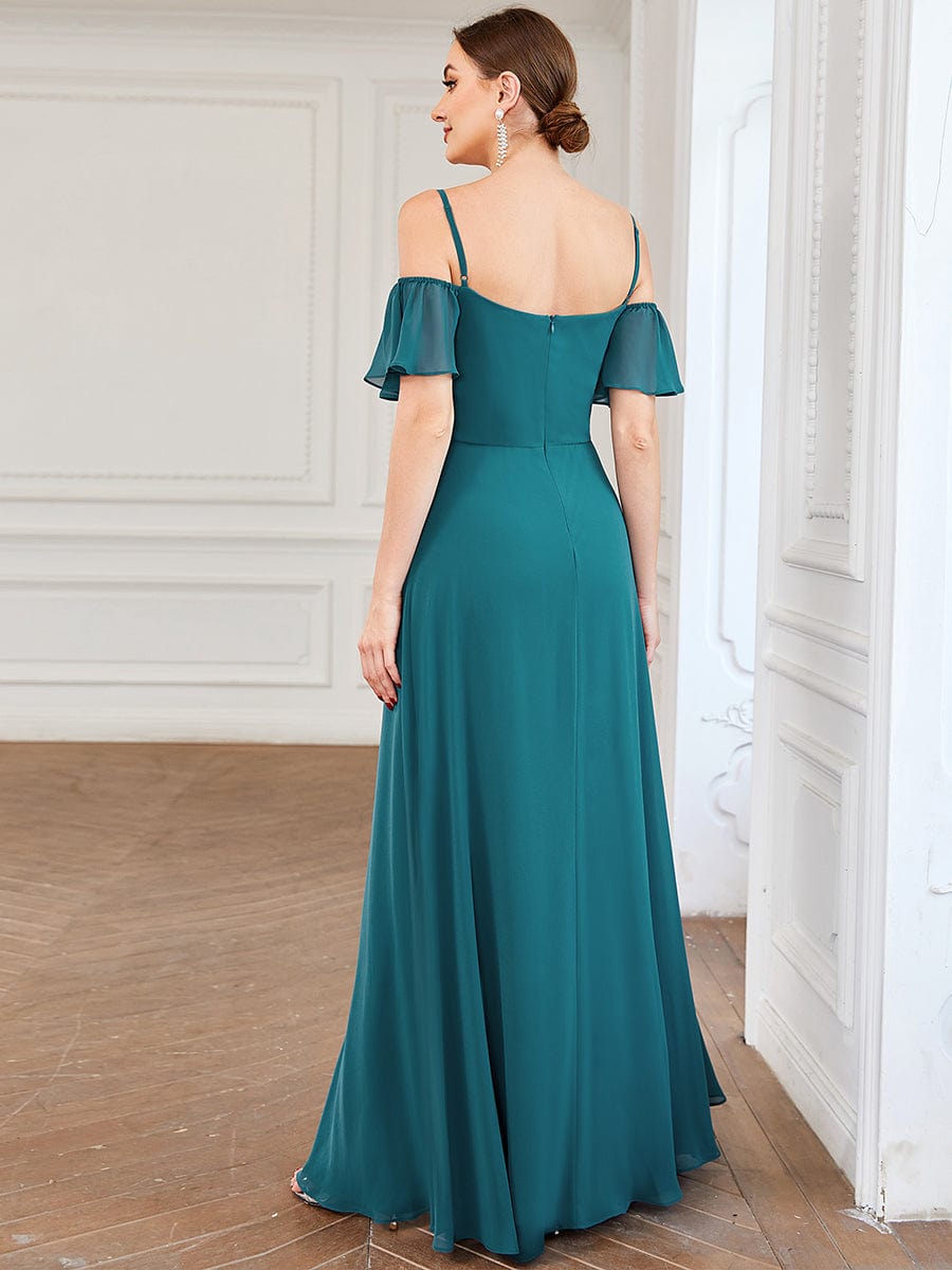 Stylish Cold-Shoulder Floor Length Bridesmaid Dress with Side Slit #color_Teal