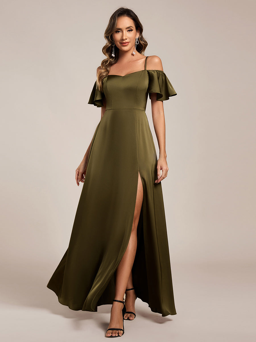 Off Shoulder Maxi Satin Bridesmaid Dress #color_Olive Green