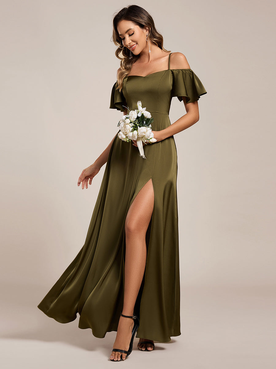 Off Shoulder Maxi Satin Bridesmaid Dress #color_Olive Green