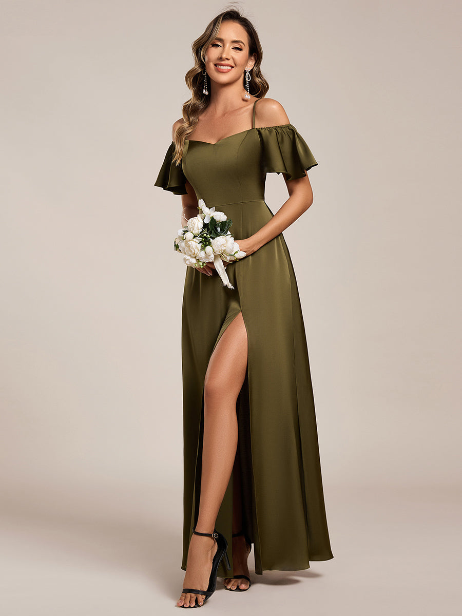 Off Shoulder Maxi Satin Bridesmaid Dress #color_Olive Green