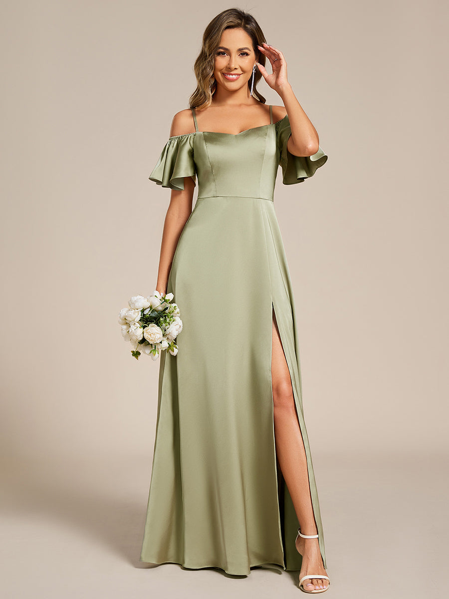 Off Shoulder Maxi Satin Bridesmaid Dress #color_Sage Green