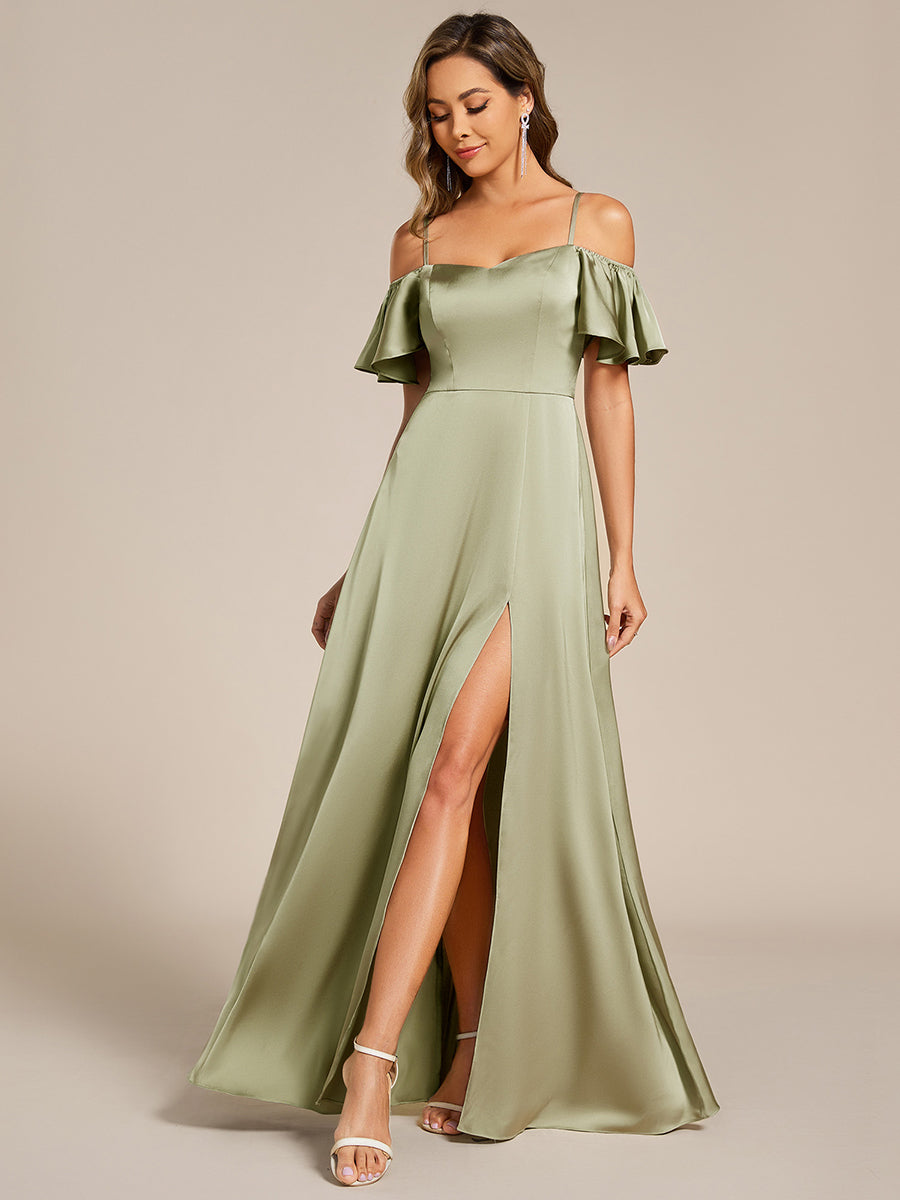 Off Shoulder Maxi Satin Bridesmaid Dress #color_Sage Green