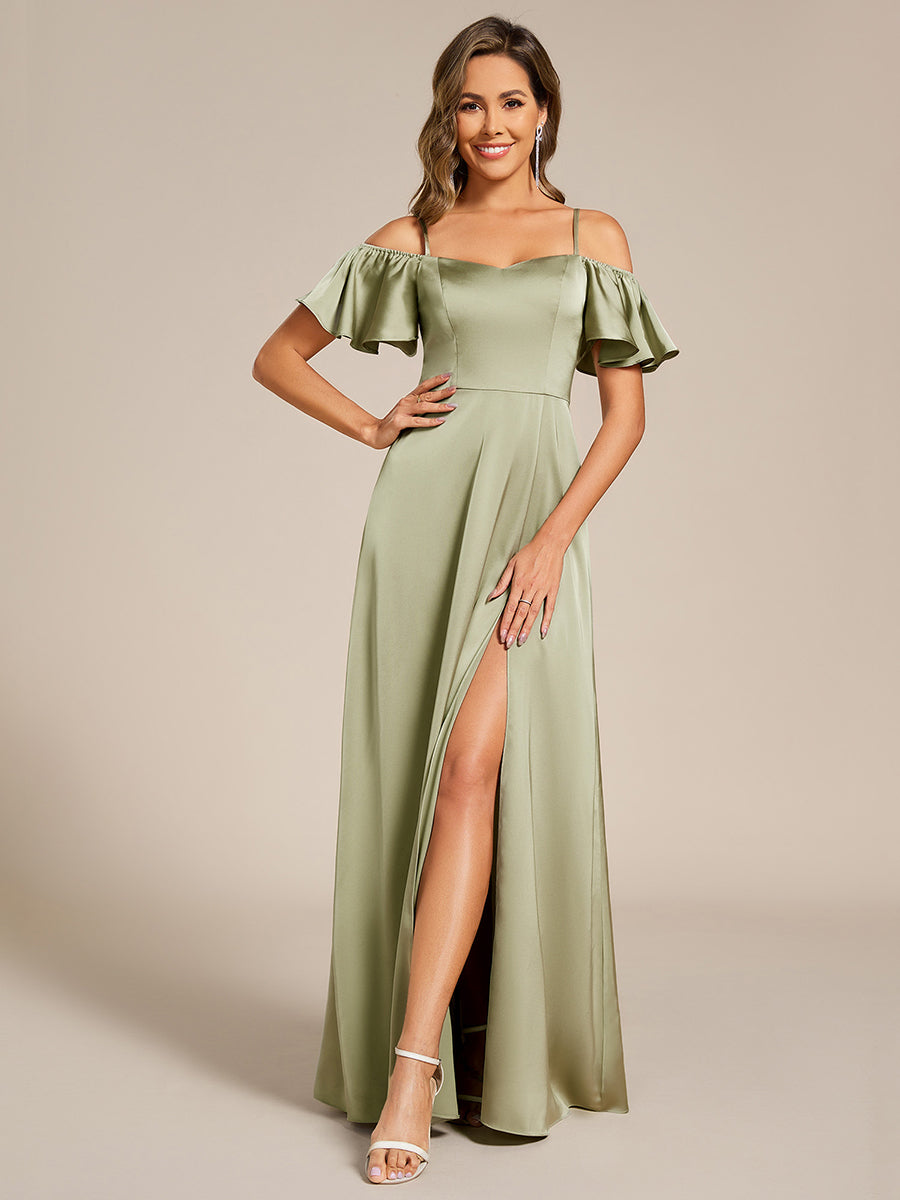 Off Shoulder Maxi Satin Bridesmaid Dress #color_Sage Green