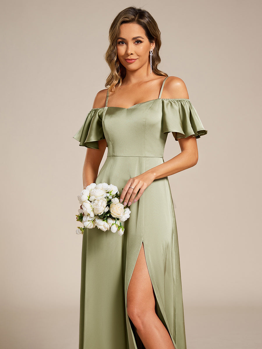 Off Shoulder Maxi Satin Bridesmaid Dress #color_Sage Green