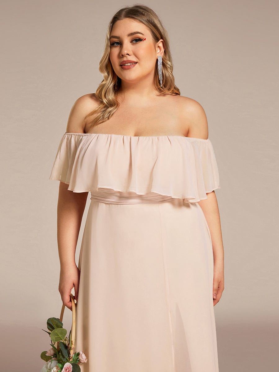 Women's Off-The-Shoulder Ruffle Thigh Split Plus Size Bridesmaid Dress #color_Blush