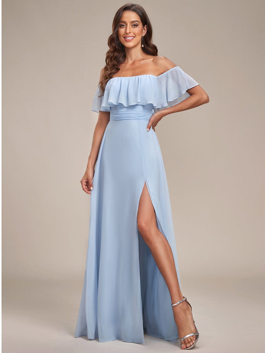 Off The Shoulder Bridesmaid Dresses Side Split Maxi #color_Sky Blue