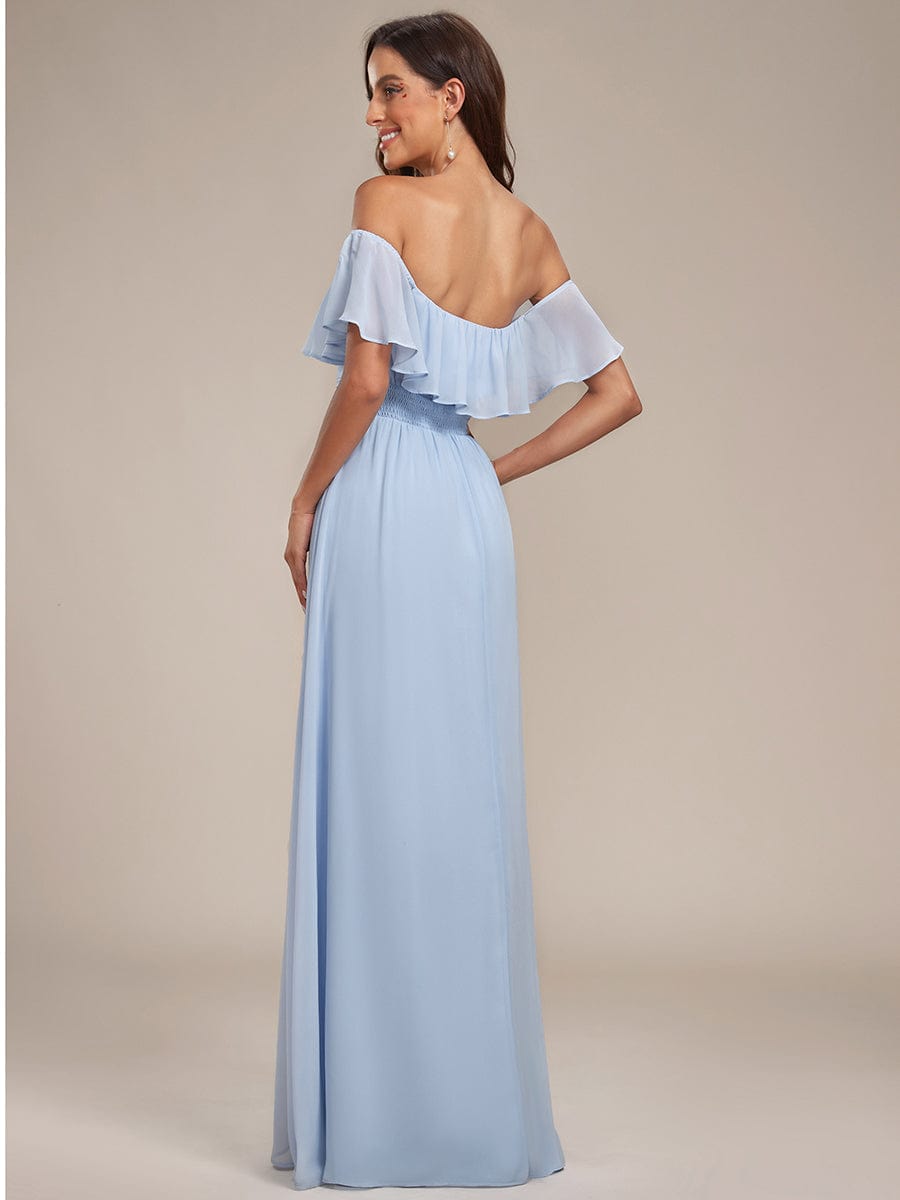 Women's Off-The-Shoulder Ruffle Thigh Split Bridesmaid Dresses #color_Sky Blue