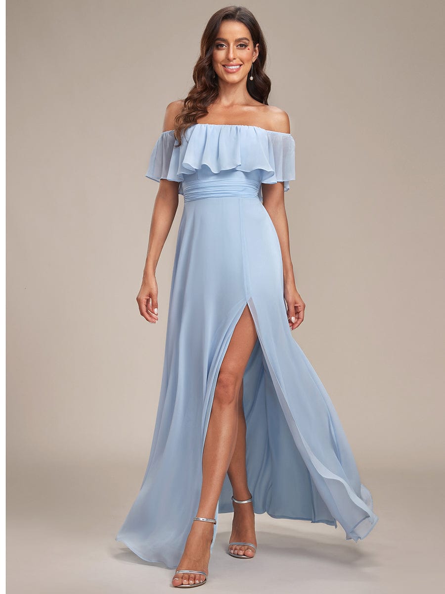 Women's Off-The-Shoulder Ruffle Thigh Split Bridesmaid Dresses #color_Sky Blue